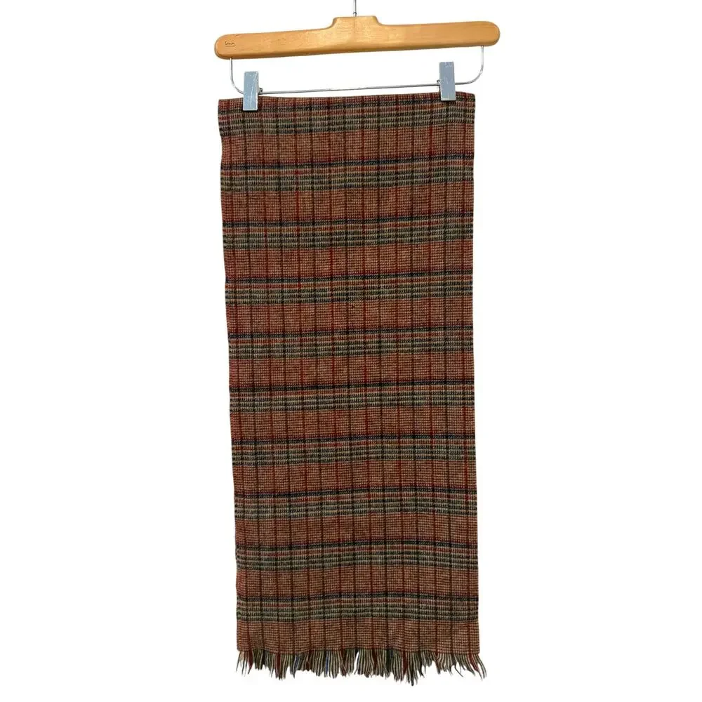 Vintage Johnston of Elgin Scotland Wool Fringed Scarf Burgundy Plaid